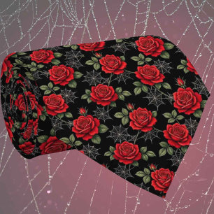 Red Roses & Spider Webs Luxe Gothic Neck Tie
