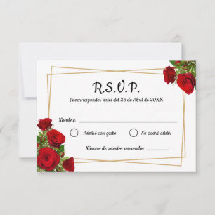 Red Roses Square Frame Spanish Wedding RSVP Card