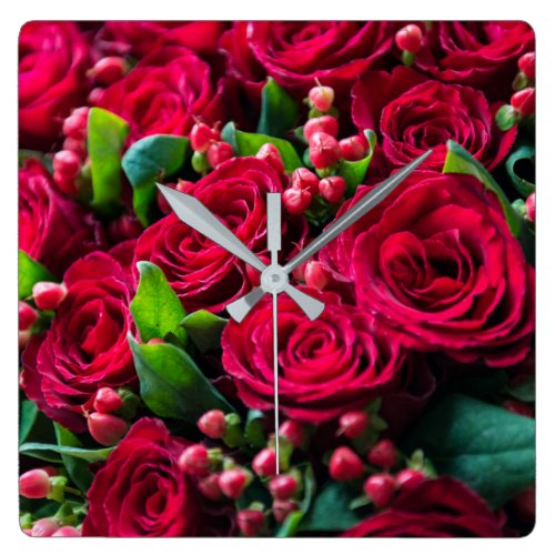 Red roses square wall clock