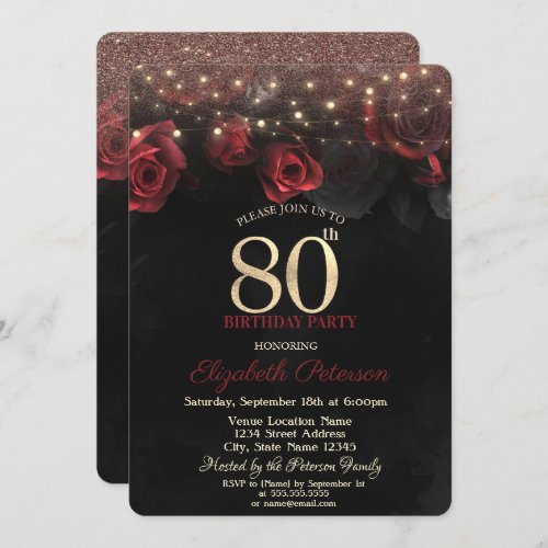 Red RosesString Lights Glitter 80th Birthday  Invitation