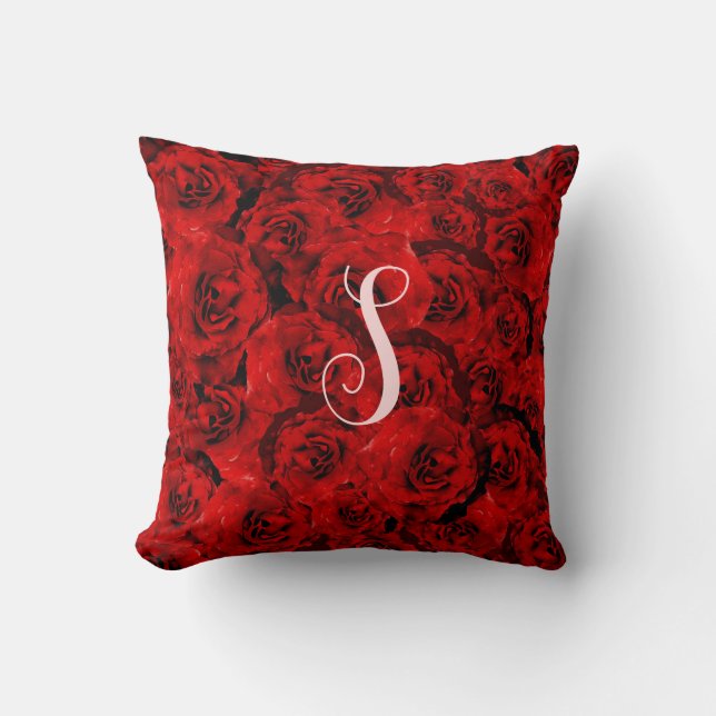 Red Roses Stylish Custom Monogram Throw Pillow (Front)