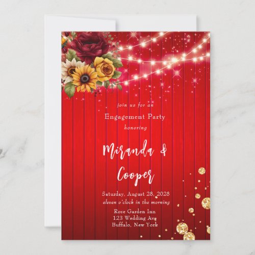 Red roses sunflower light glitter engagement party invitation