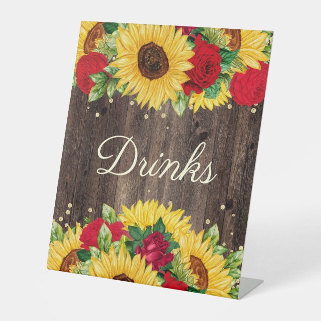 Red Roses Sunflowers Birthday Party Drink Station  Pedestal Sign (Front)