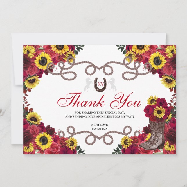 Red Roses Sunflowers Charro Quinceanera Thank You  Card (Front)