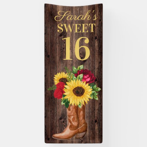 Red Roses Sunflowers Cowboy Boots Sweet 16 Banner