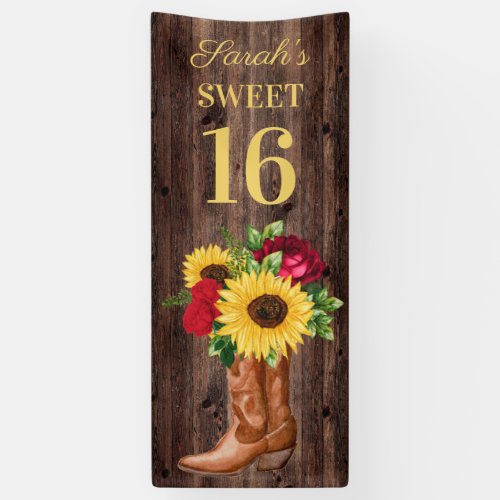 Red Roses Sunflowers Cowboy Boots Sweet 16 Banner