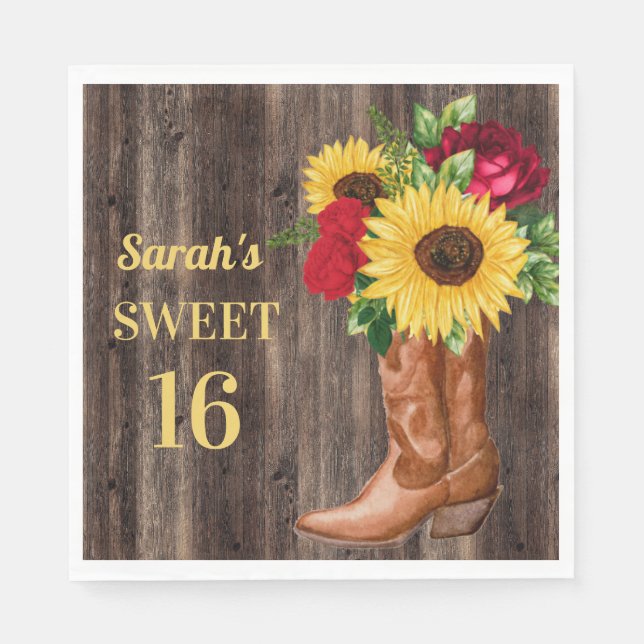 Red Roses Sunflowers Cowboy Boots Sweet 16  Napkins (Front)