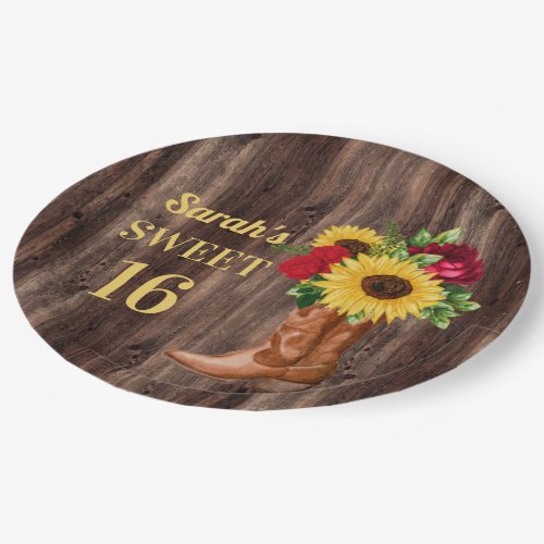 Red Roses Sunflowers Cowboy Boots Sweet 16   Paper Plates