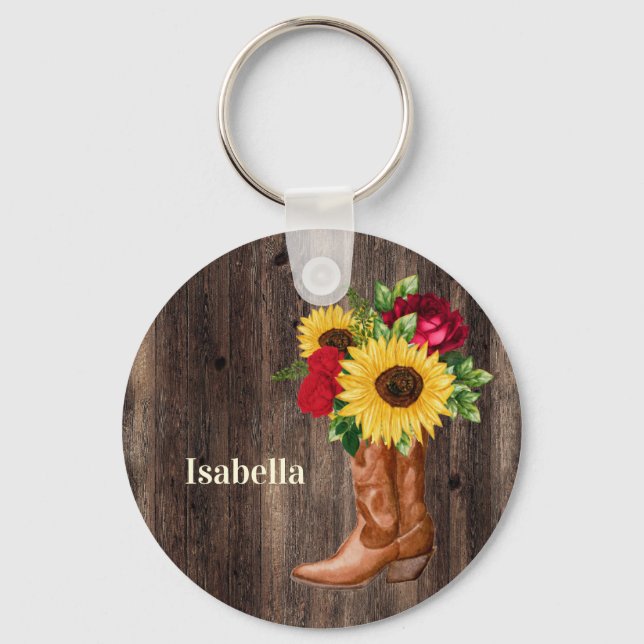 Red Roses Sunflowers Cowgirl Boots Name Keychain (Front)