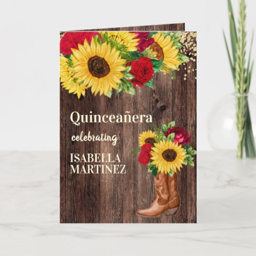 Red Roses Sunflowers Cowgirl Boots Quinceanera Card