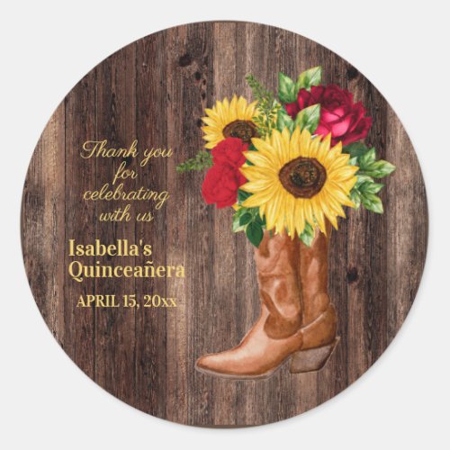 Red Roses Sunflowers Cowgirl Boots Quinceanera    Classic Round Sticker