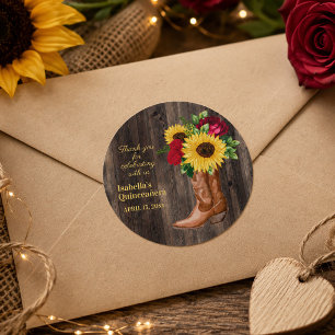 Red Roses Sunflowers Cowgirl Boots Quinceanera Classic Round Sticker