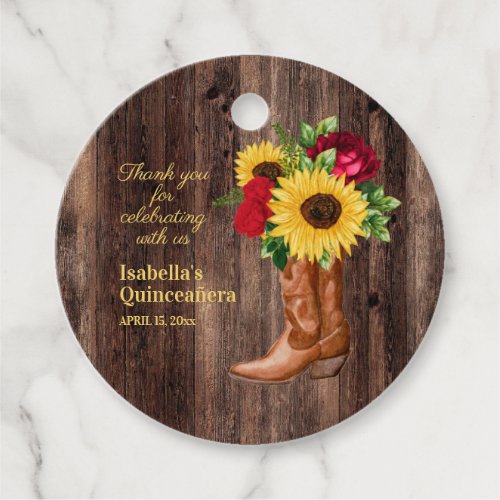 Red Roses Sunflowers Cowgirl Boots Quinceanera    Favor Tags