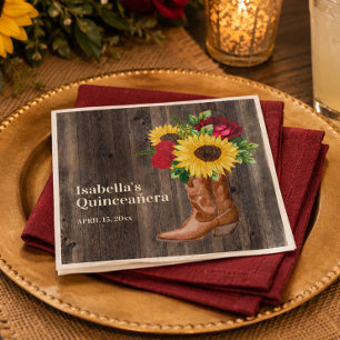 Red Roses Sunflowers Cowgirl Boots Quinceanera Napkins