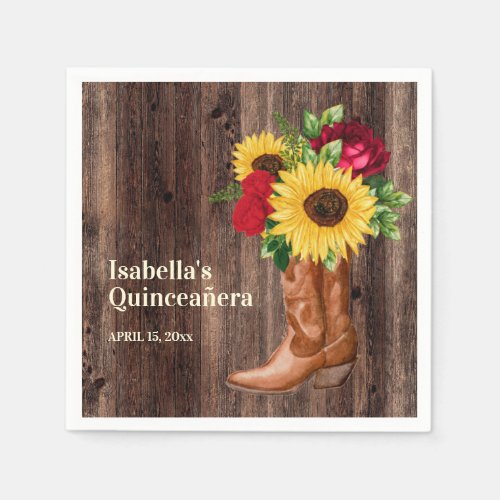 Red Roses Sunflowers Cowgirl Boots Quinceanera  Napkins