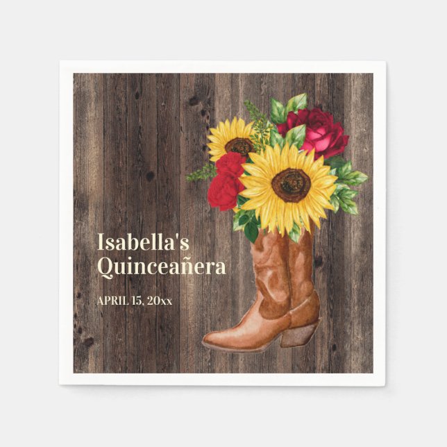 Red Roses Sunflowers Cowgirl Boots Quinceanera  Napkins (Front)