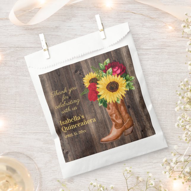 Red Roses Sunflowers Cowgirl Boots Quinceanera   P Favor Bag (Clipped)