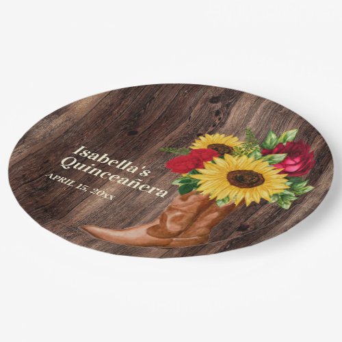 Red Roses Sunflowers Cowgirl Boots Quinceanera   Paper Plates