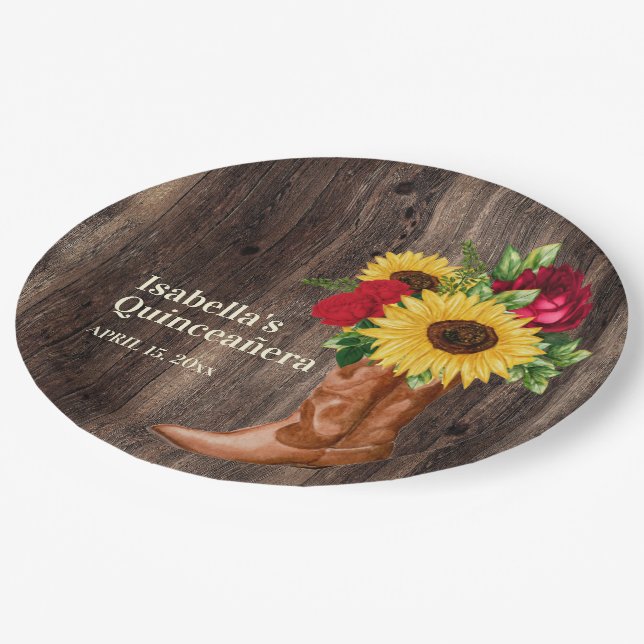 Red Roses Sunflowers Cowgirl Boots Quinceanera   Paper Plates (Angled)