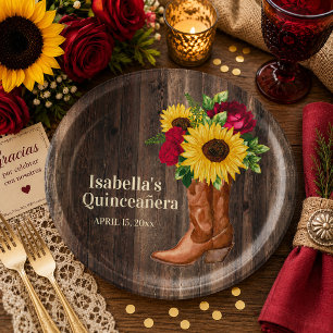 Red Roses Sunflowers Cowgirl Boots Quinceanera Paper Plates