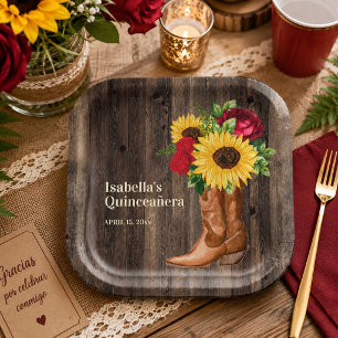Red Roses Sunflowers Cowgirl Boots Quinceanera Paper Plates