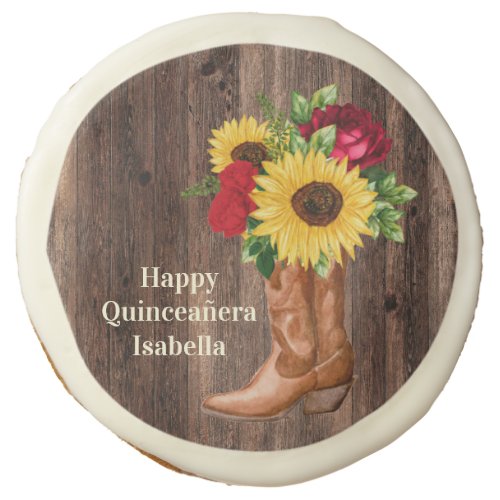 Red Roses Sunflowers Cowgirl Boots Quinceanera    Sugar Cookie