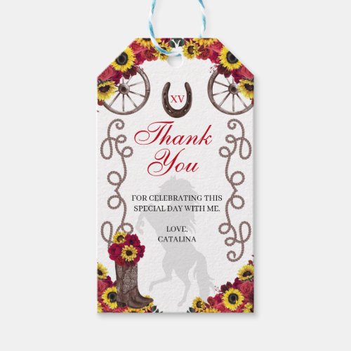Red Roses Sunflowers Cowgirl Quinceanera Gift Tags