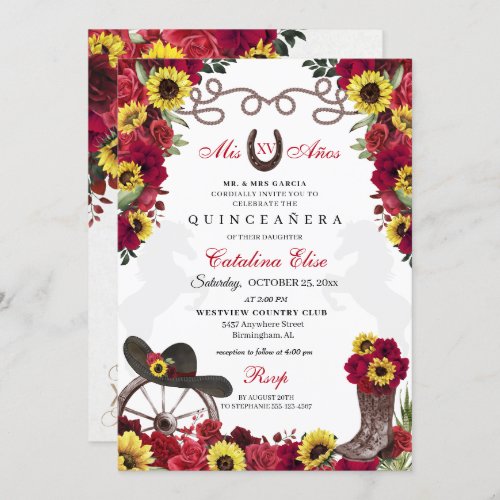 Red Roses Sunflowers Cowgirl Quinceanera Invitation