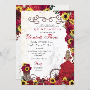 Red Roses Sunflowers Cowgirl Western Quinceanera Invitation