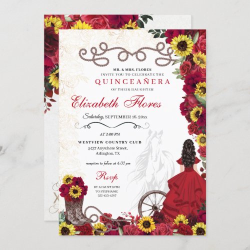 Red Roses Sunflowers Cowgirl Western Quinceanera Invitation