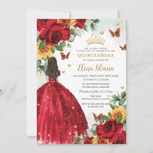 Red Roses Sunflowers Floral Quinceaera Sweet 16 Invitation