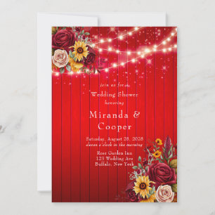 Red roses sunflowers lights wedding shower invitation