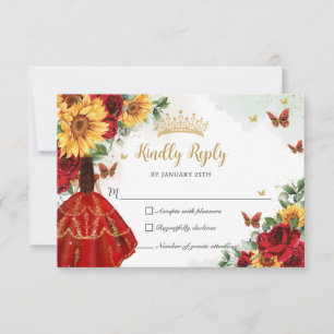Red Roses Sunflowers Princess Quinceañera RSVP Card