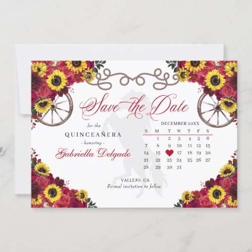 Red Roses Sunflowers Quinceaera Save The Date Invitation