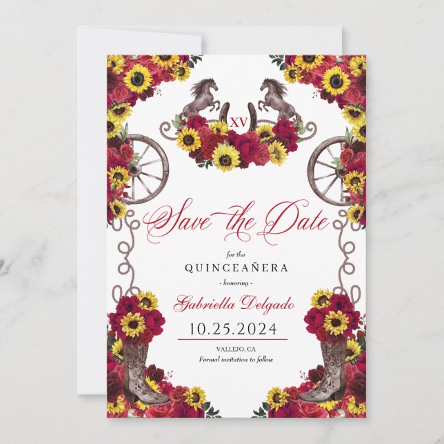 Red Roses Sunflowers Save The Date Quinceañera Invitation (Front)