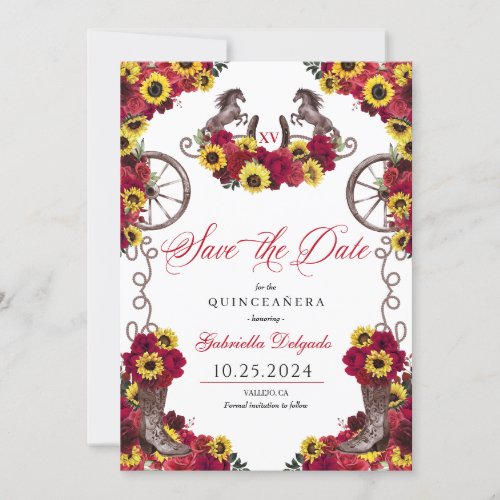 Red Roses Sunflowers Save The Date Quinceaera Invitation
