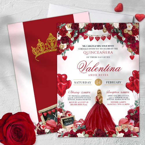 Red Roses Sweet 15 Valentines Quinceanera  Invitation