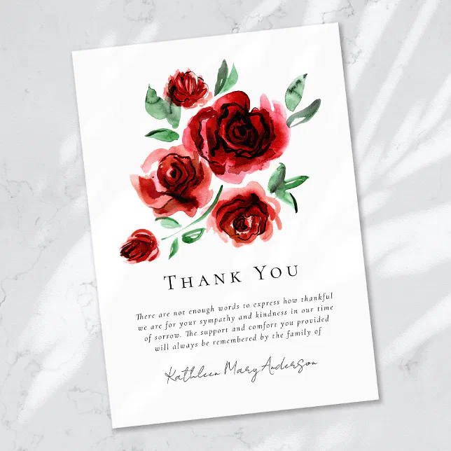 Red Roses Sympathy Funeral Thank You Card | Zazzle