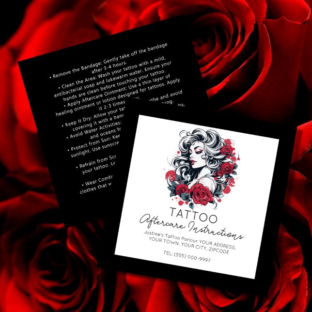 Red Roses tattoo Aftercare Instructions Stylish  Square Business Card (Creator Uploaded)