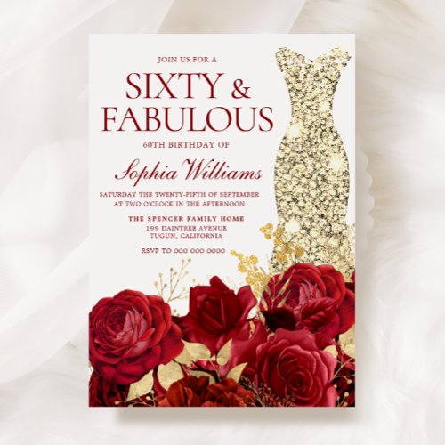 Red Roses & Text Gold Dress 60th Birthday Party
