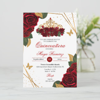 Red Roses Tiara Gold Glitter Quinceañera  Invitation