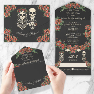 Red Roses Till death do us part skull couple All In One Invitation