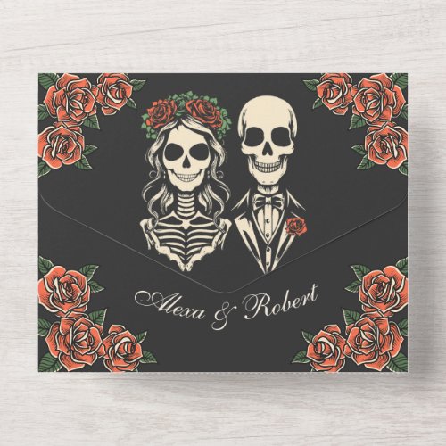 Red Roses Till death do us part skull couple  All In One Invitation