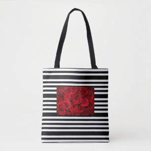 Red roses tote bag on black & white stripes