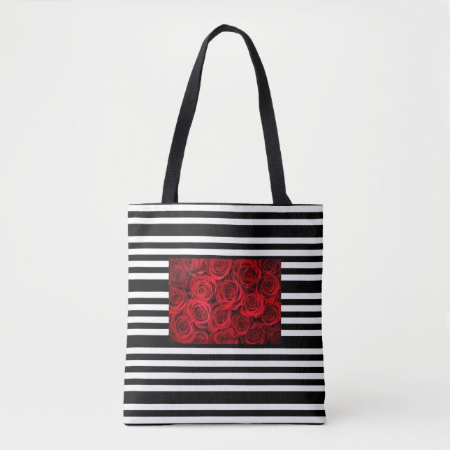 Red roses tote bag on black & white stripes (Front)