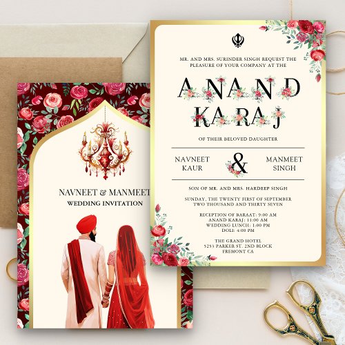 Red Roses Typography Anand Karaj Sikh Wedding Invitation