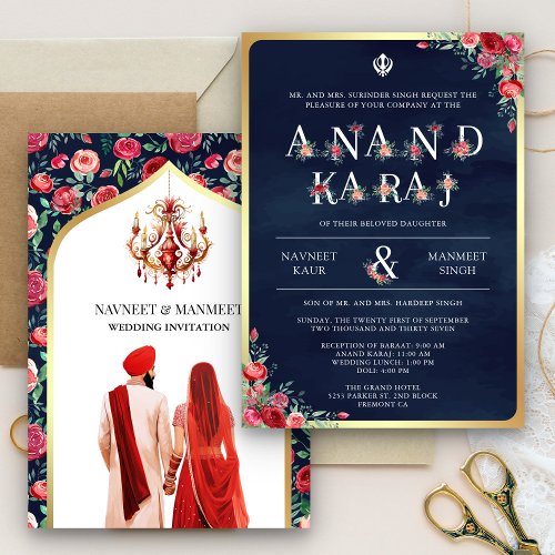 Red Roses Typography Blue Anand Karaj Sikh Wedding Invitation