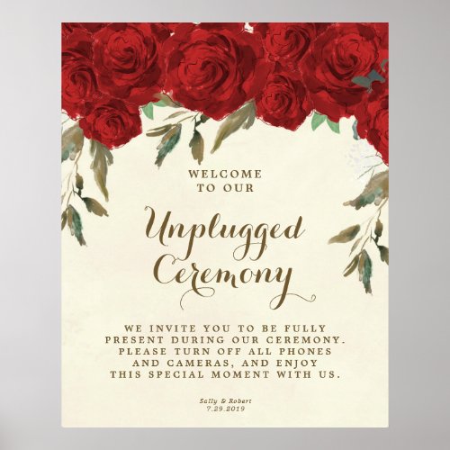 red roses unplugged wedding ceremony sign