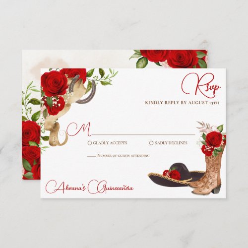 Red Roses Vintage Charro Western Quinceanera RSVP Card
