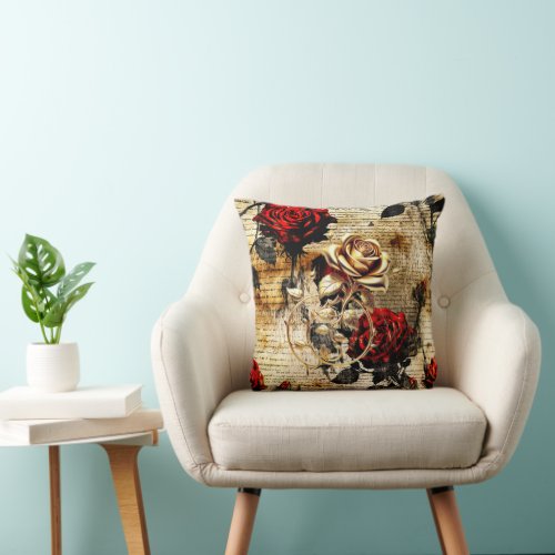 Red Roses & Vintage Gold  Throw Pillow